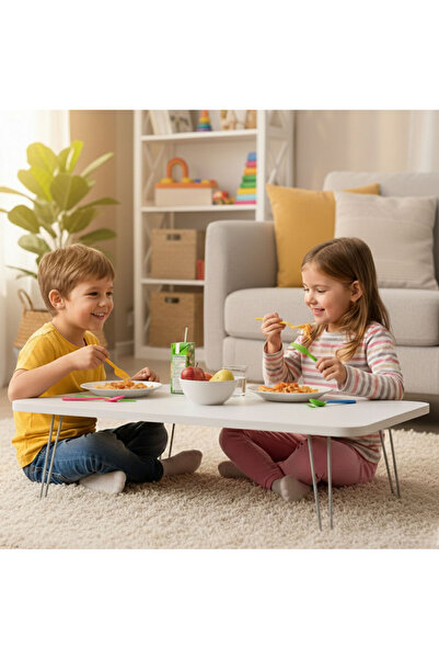 Ratemo Mobilya Beyaz Renk Metal Katlanır Ayaklı Çocuk Oyun Masası, Kamp Sofra...