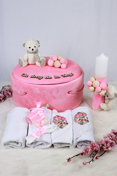 GoVo Kids Set complet trusou botez Premium cu lumanare, Ursulet, Catifea – Tr...