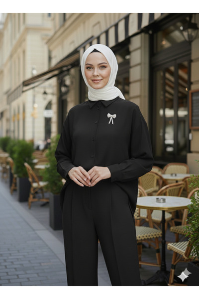 VıoShıne Kadın Broş Detaylı Keten Kumaş Oversize Gömlek Pantolon İkili Takım