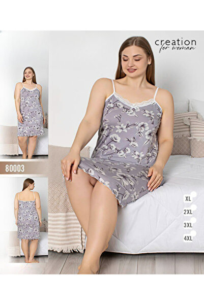 turkish Women's nightgown with floral print and lace trim – calming gray color