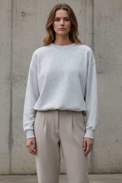 Kübra Tekstil Women's Gray Oversize Sweatshirt – Crew Neck Long Sleeve Comfor...