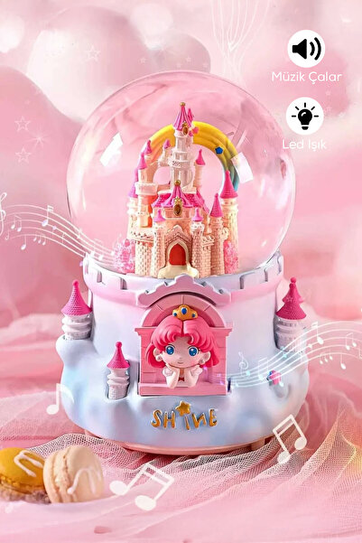 indirimsevinci Müzikli LED Işıklı Prenses Şato Kar Küresi Pembe Çocuk Gece La...