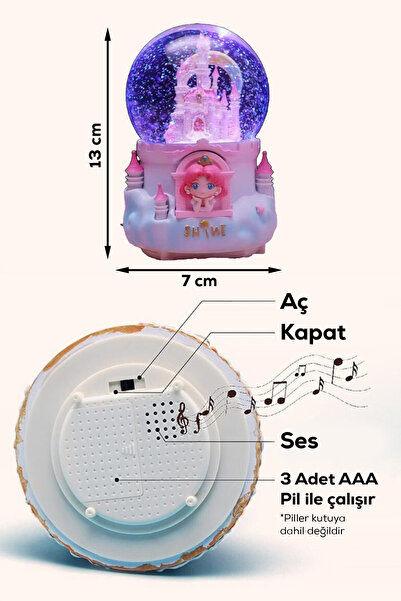 indirimsevinci Müzikli LED Işıklı Prenses Şato Kar Küresi Mavi Çocuk Gece Lambası Dekoratif Hediye