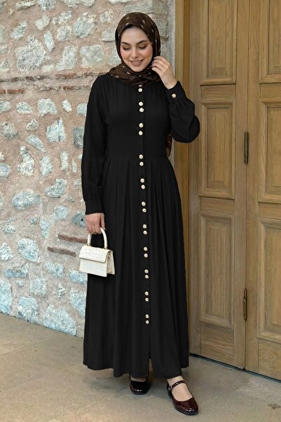 InStyle Black Dress with Double Gold Buttons