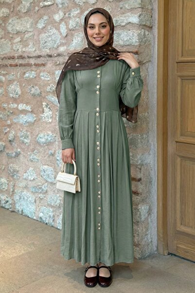 InStyle Double Gold Button Khaki Dress