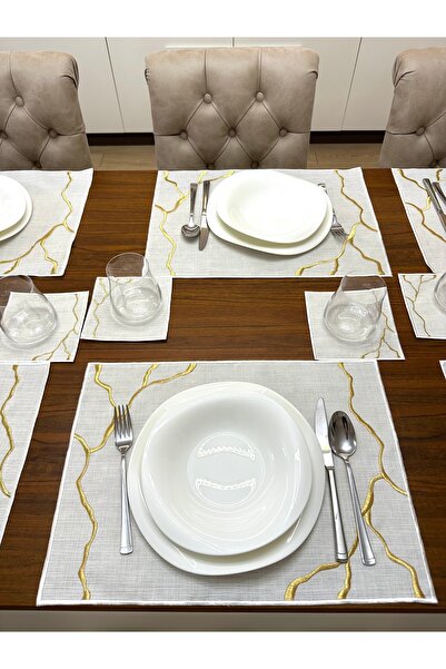 NURHAN HOME COLLECTION Linia Modeli Gold Nakışlı 12 Parça Set Amerikan Servis ve Kahve Yanı Kokteyl Sunum Peçetesi