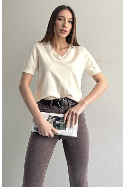 yeditepe fashion V-Neck Basic Elite Short Sleeve Knitwear