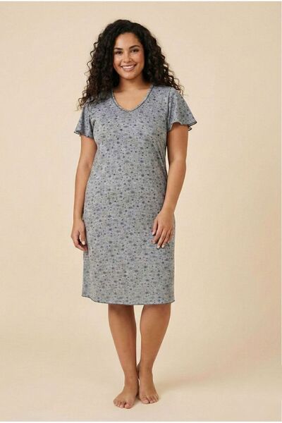Flamingo Gri Desenli V Yaka Pamuklu Rahat Kalıp Kısa Kollu Kadın Elbise