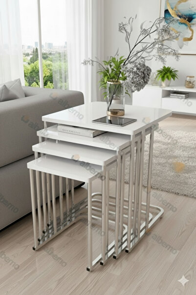 albemo Venüs Tekerlekli 4 Lü Zigon Sehpa Gümüş - Beyaz