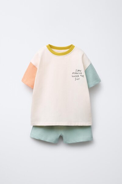 Magu Children's Cotton Ecru Color Block T-Shirt and Mint Shorts Set