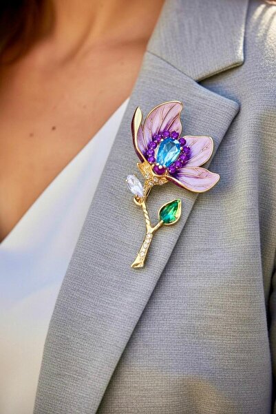 Rachel Silver İncili Altın Renk Kristal Taşlı Mineli Lilyum Çiçek Broş