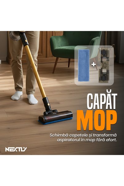 NEXTLY Aspirator vertical și mop, LED, 4 capete, negru