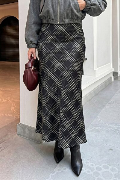 InStyle Striped Plaid Pattern Black Satin Skirt