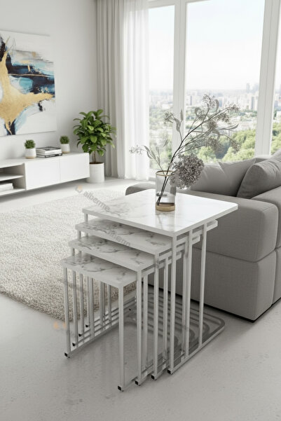 albemo Venüs Tekerlekli 4 Lü Zigon Sehpa Gümüş - Beyaz Mermer Desen