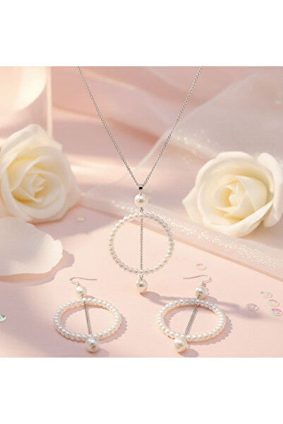 Shiklik Pearl Detailed Round Model Women's Jewelry Set Necklace, Earrings