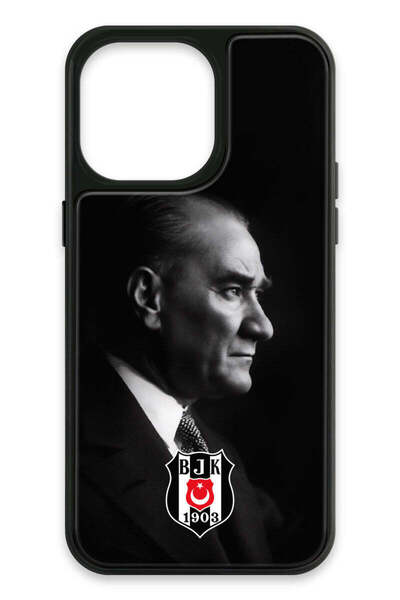 Beşiktaş iPhone 14 Pro Max Uyumlu Büyük Atatürk Cam Lisanslı Telefon Kılıfı