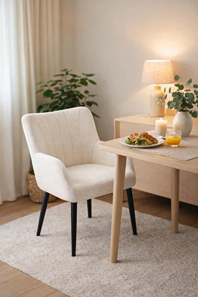 MARIA HOMES Modern White Boucle Dining Chair Soft Upholstered Armchair Black ...