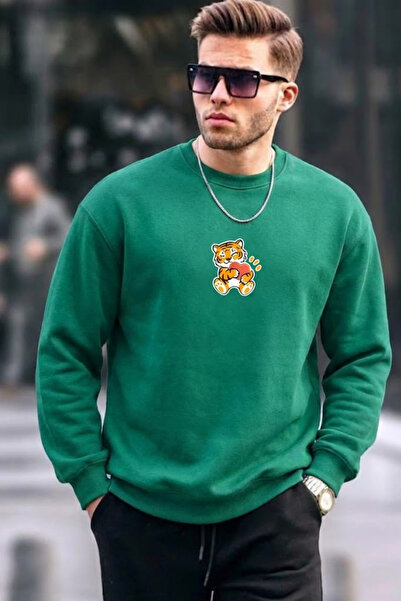 COMBİNE MİCHAİL Men's Tiger Printed Loose Green Sweatshirt