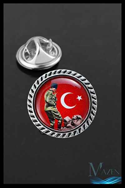 MAZEN Atatürk Asker Silüet Yaka Rozeti | Türk Bayrağı Zemin | Yuvarlak Metal ...