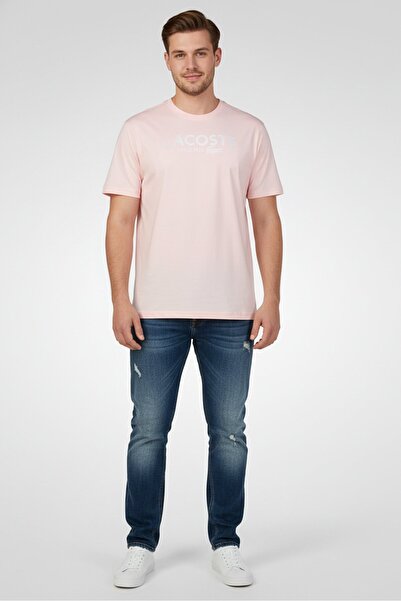 Lacoste Men Crew Neck Short Sleeves Brand Logo T-Shirt, Pink