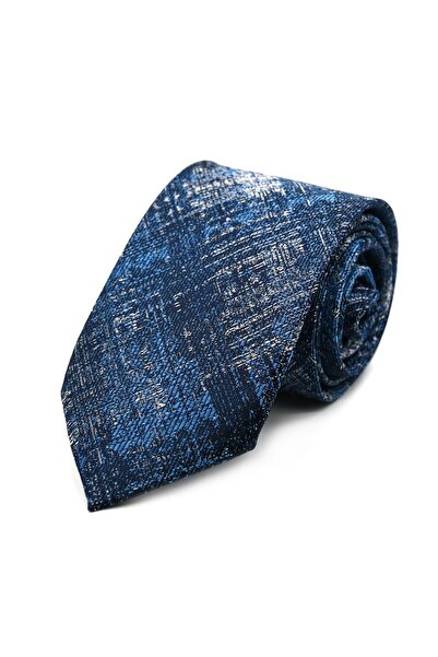 Sade Kravat Turkuaz Mavi Lacivert Gri Siluet Ekoseli Kravat 32947 Mavi