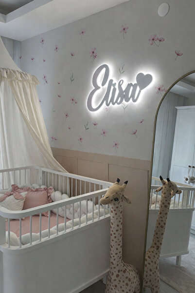 MB DEKOR ATÖLYESİ Işıklı Tek İsimli MDF Duvar Dekoru – Beyaz LED Işıklı Bebek...