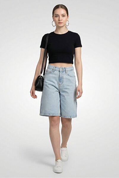 Lime Women Straight Fit Washed Denim Shorts, Blue