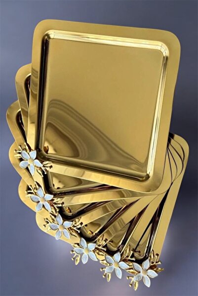 AHİR TİCARET 6 Pieces Square Presentation and Coffee Tray with Daisy Accessories