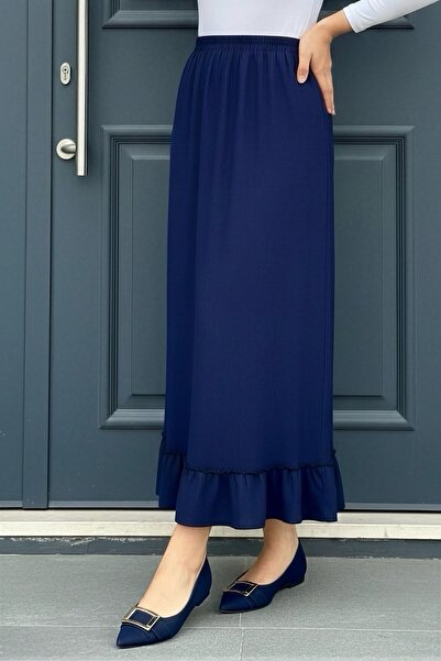 İmajButik Navy Blue Ruffled Hem Skirt with Elastic Waist and Draped Design