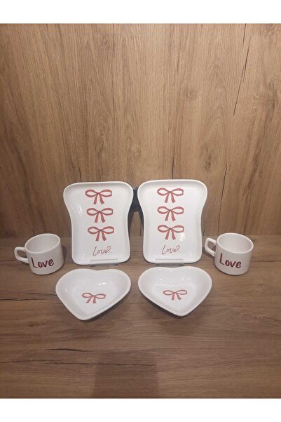 Keramika Breakfast Set for 2 People 6 Pieces Toast Plate Teacup Heart Sauce Bowl