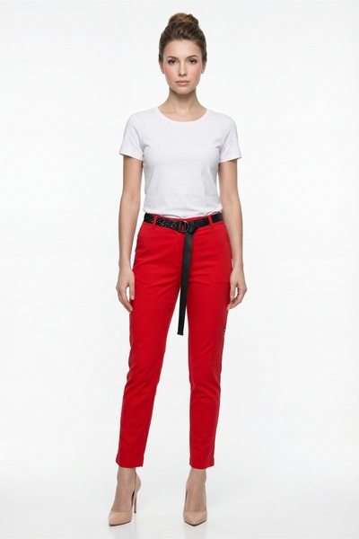 EXİTLİNE Women's Red Summer Slim Pants with Belt and Pockets