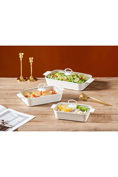 Dove طقم أطباق خبز مستطيلة من البورسلين مكون من 3 قطع مع غطاء زجاجي