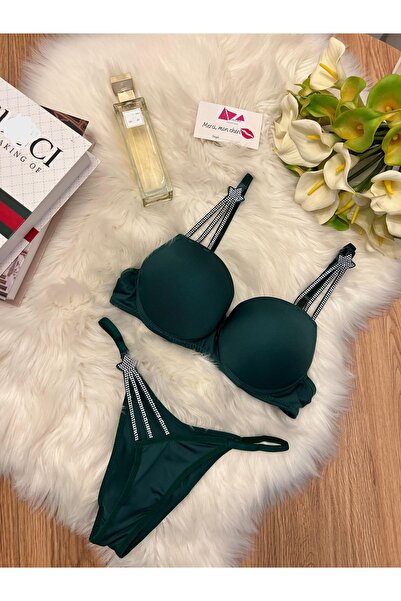 ohminishe Yeşil 3 Taşlı Victoria Model Seksi Sütyen Külot Takım