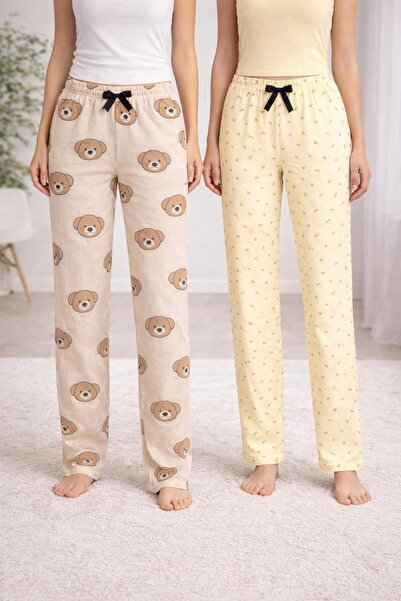 BLUE NIL 2-Piece Cotton Thin Satin Ribbon Waist Detailed Teddy Bear-Lemon Pat...