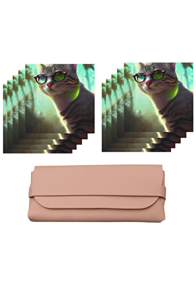 PriStyle Set of 10 Cloths with Coquettish Cat Print, Eco-Leather Eyeglass Cas...