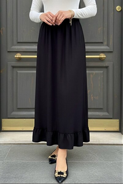 İmajButik Black Ruffled Hem Skirt with Elastic Waist and Draped Design