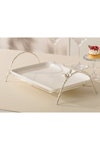 Malooki Tavă Festivă din Porțelan alb pe Suport Metalic Argintiu cu Detaliu F...