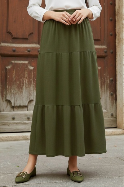 İmajButik Khaki Skirt with Layered Elastic Waist and Draped Design