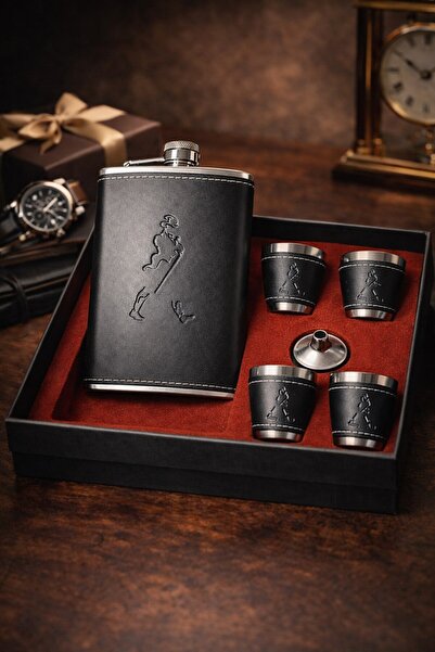 HediyeFilesi Leather Covered Steel Flask Gift Set Black Liquor Flask 4 Shot P...