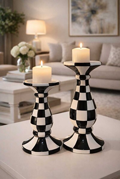 VERA HOME DECOR Seramik, El boyaması Dekoratif Obje, Dama Desenli Mumluk, Şamdan