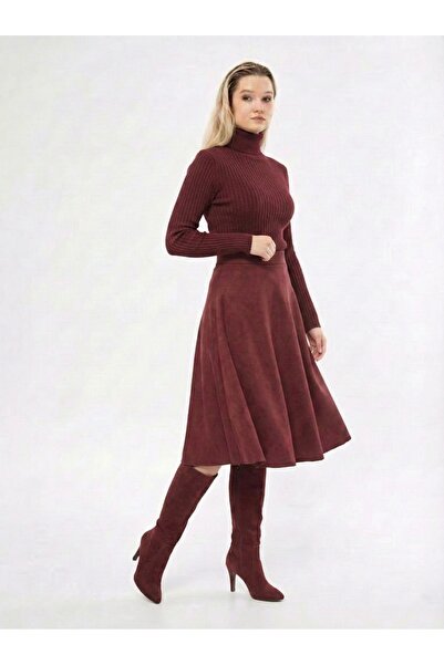 modabirsen Fusta evazată din piele întoarsă, lungime midi, roșu claret