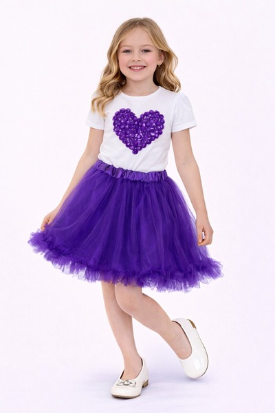 Nacar 23 Nisan 29 Ekim Gösteri Kıyafeti Kız Çocuk Mor Kalp Detaylı Tişört & T...