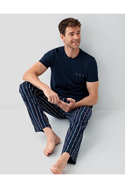 Arnetta Men's Navy Blue 100% Cotton Short Sleeve Pajama Set – Striped Pocket ...