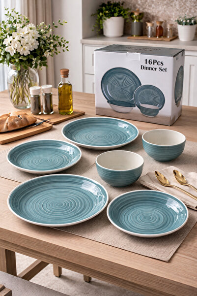 Living طقم عشاء من السيراميك مكون من 16 قطعة بتصميم حلزوني عصري