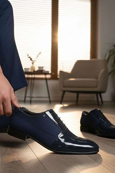 enoch حذاء إينوك الكلاسيكي للرجال من الجلد الطبيعي باللون الأزرق الداكن مع طب...