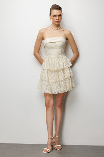 Ekol Layered Skirt Mini Strapless Dress 6022