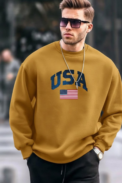COMBİNE MİCHAİL Men's Usa Printed Comfort Mustard Sweatshirt