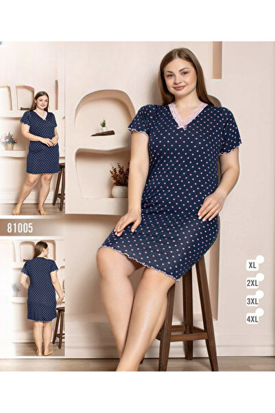 turkish Women's short-sleeved polka dot nightgown with V-neck lace trim – nav...