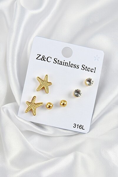 Jadem Gold 316L Steel Zircon Stone Starfish Model Silver Color Women's Set Ea...
