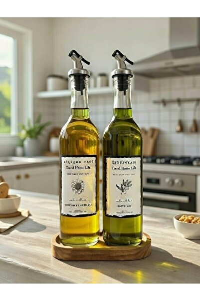 Trend Home Life 750 ml Glass Transparent Bottle with Wooden Stand Oil Dispens...